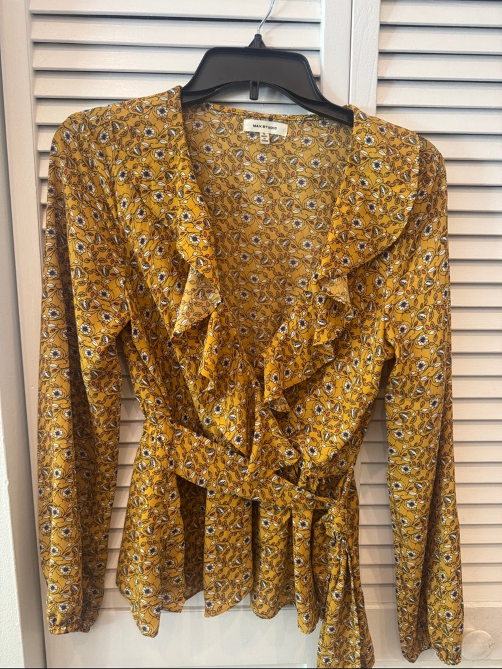 Max Studio Mustard Yellow Floral Ruffle Wrap Blouse